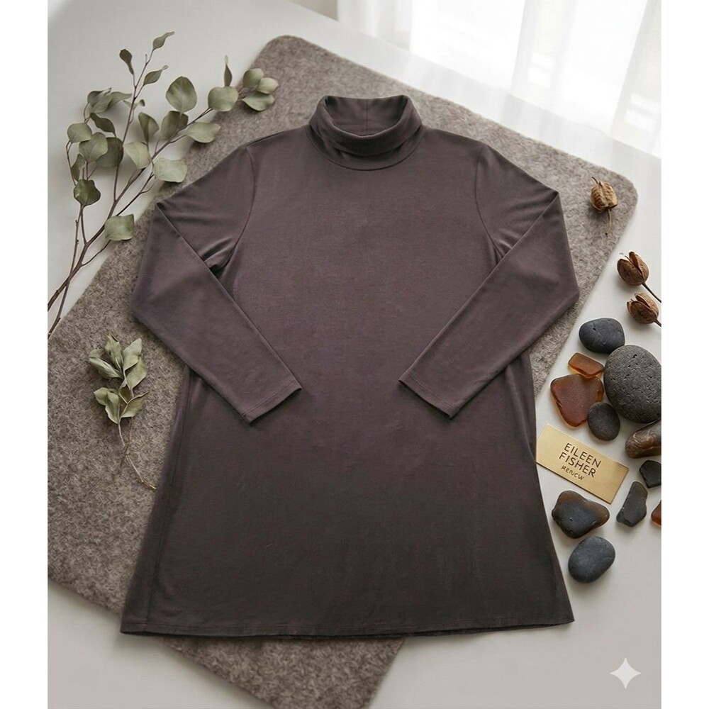 Eileen Fisher NWT Women’s L Mock Neck Brown Tunic Long Sleeve Tencel Knit Top
